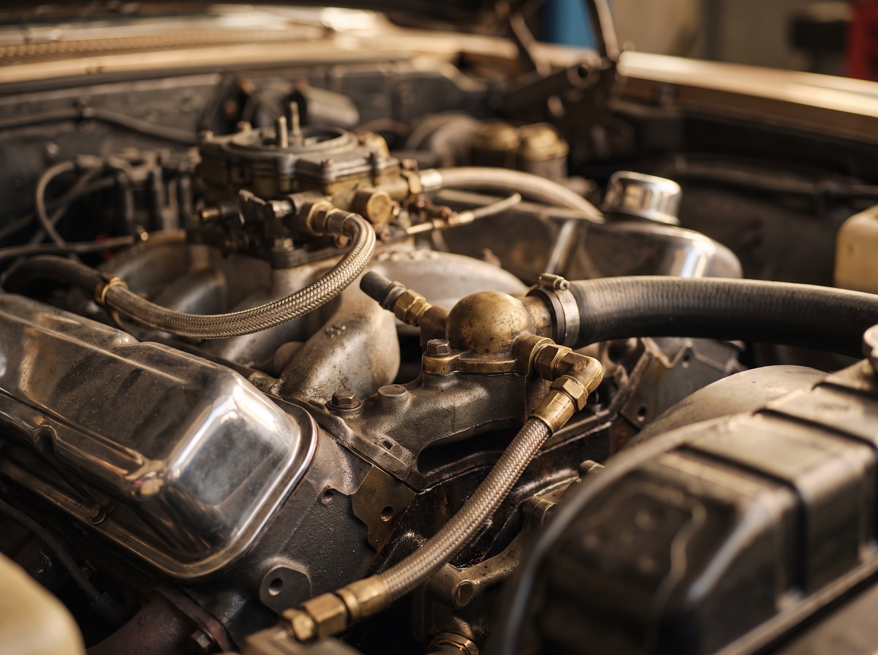 Detail shot of an engine bay during service at Trueline Auto Works.
