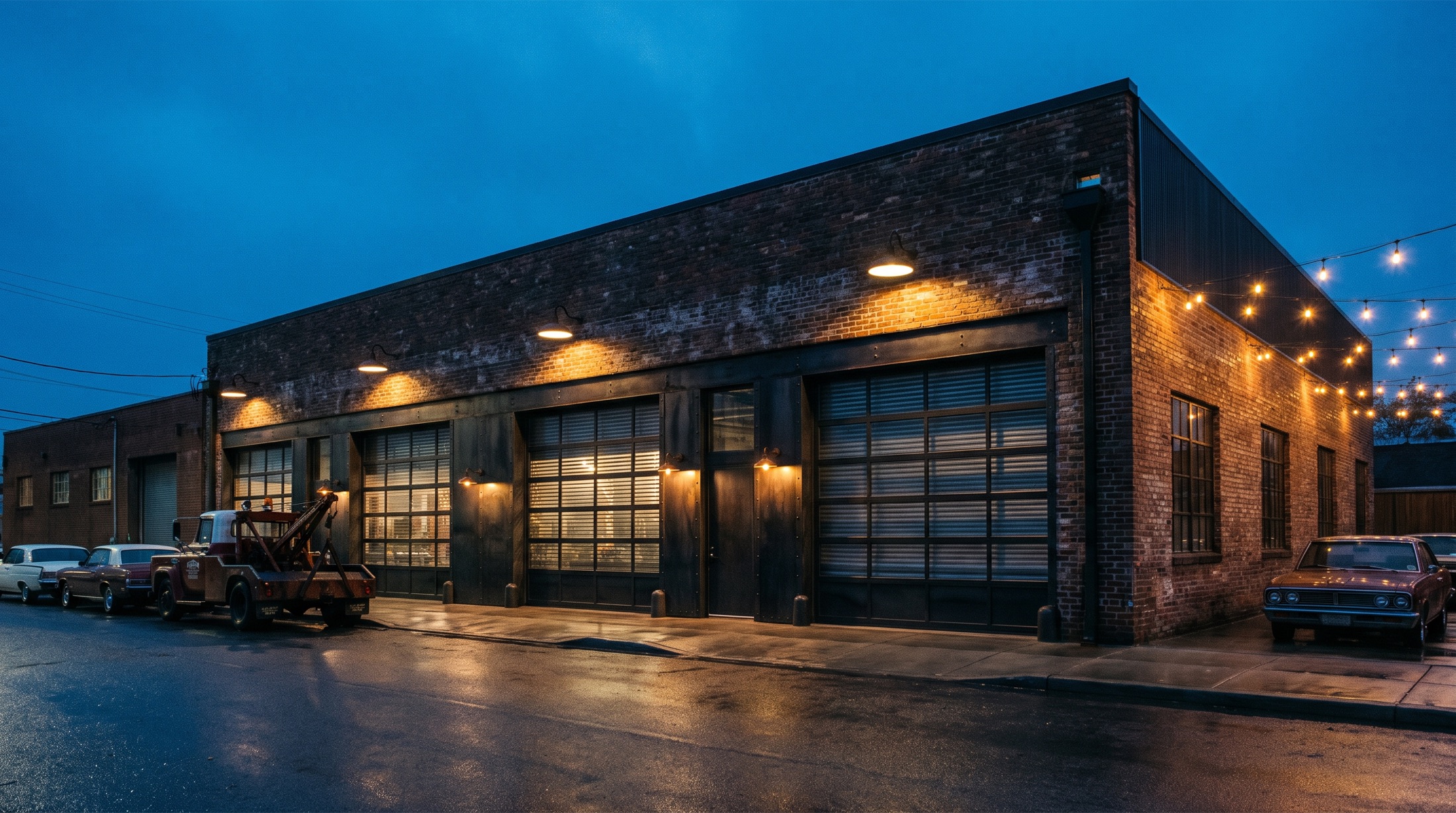 Exterior of the Trueline Auto Works shopfront at dusk.