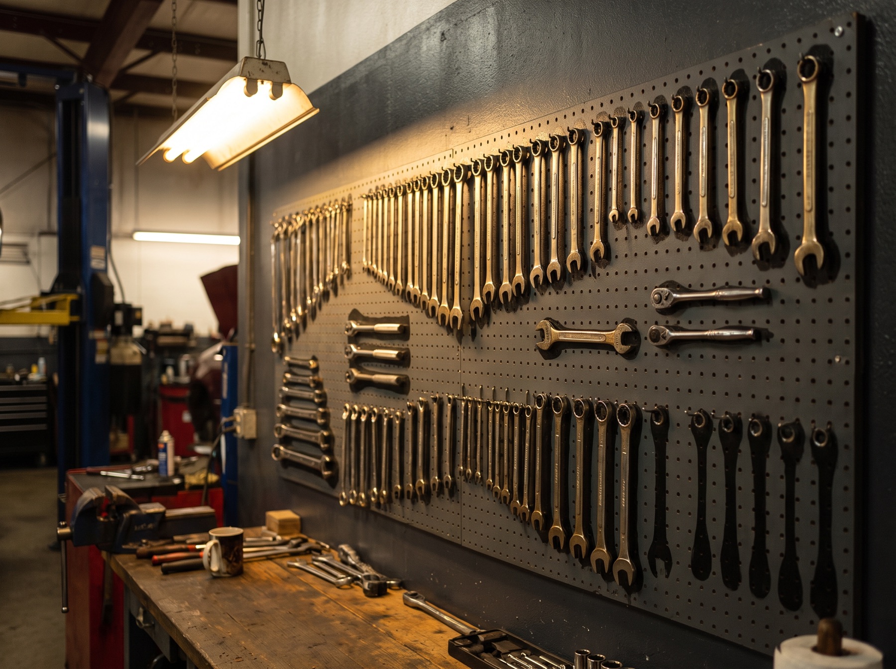 Organized tool wall inside the Trueline Auto Works shop.
